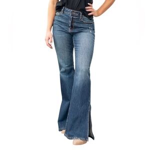 Cello April showers dark wash distressed high rise flare jeans with split hem